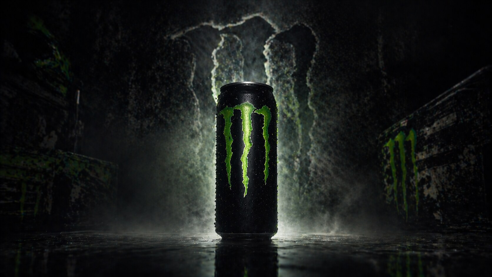 Monster Energy packaging uses a black can, neon claw mark, and distressed typography to turn an energy drink into a lifestyle badge.