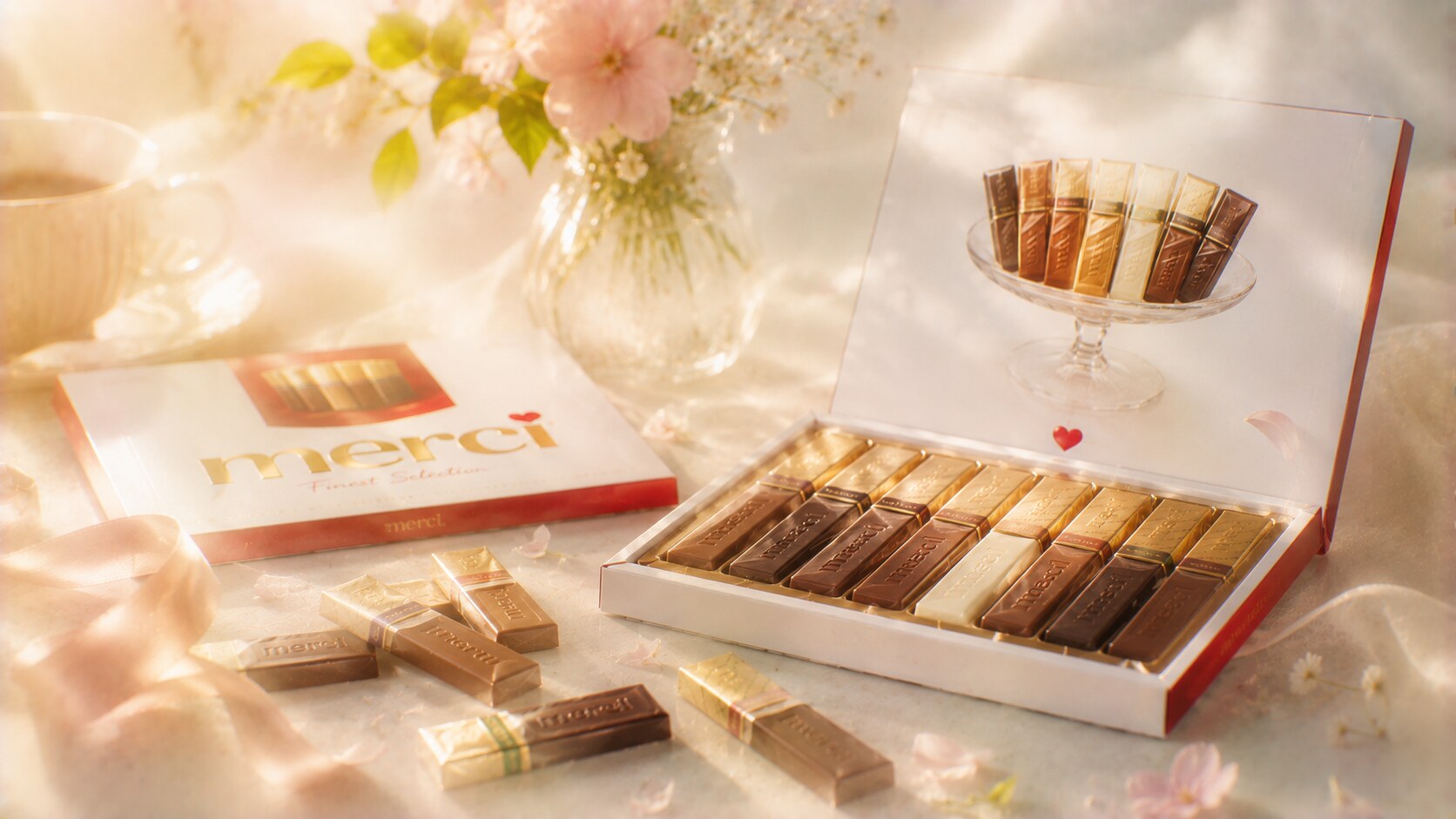 Merci packaging with slim box format, variety coding, and gift-oriented chocolate presentation built around the idea of thanks.