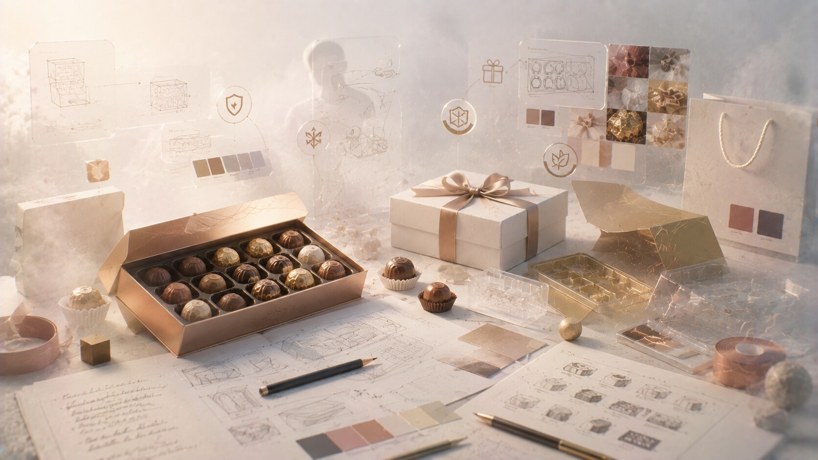 Bonbon packaging overview showing boxes, trays, foils, and gift-oriented confectionery presentation across classic premium brands.