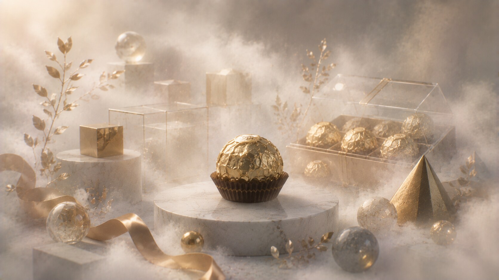 Ferrero Rocher packaging with gold foil, clear box, and molded tray showing luxury cues built for gifting and visibility.