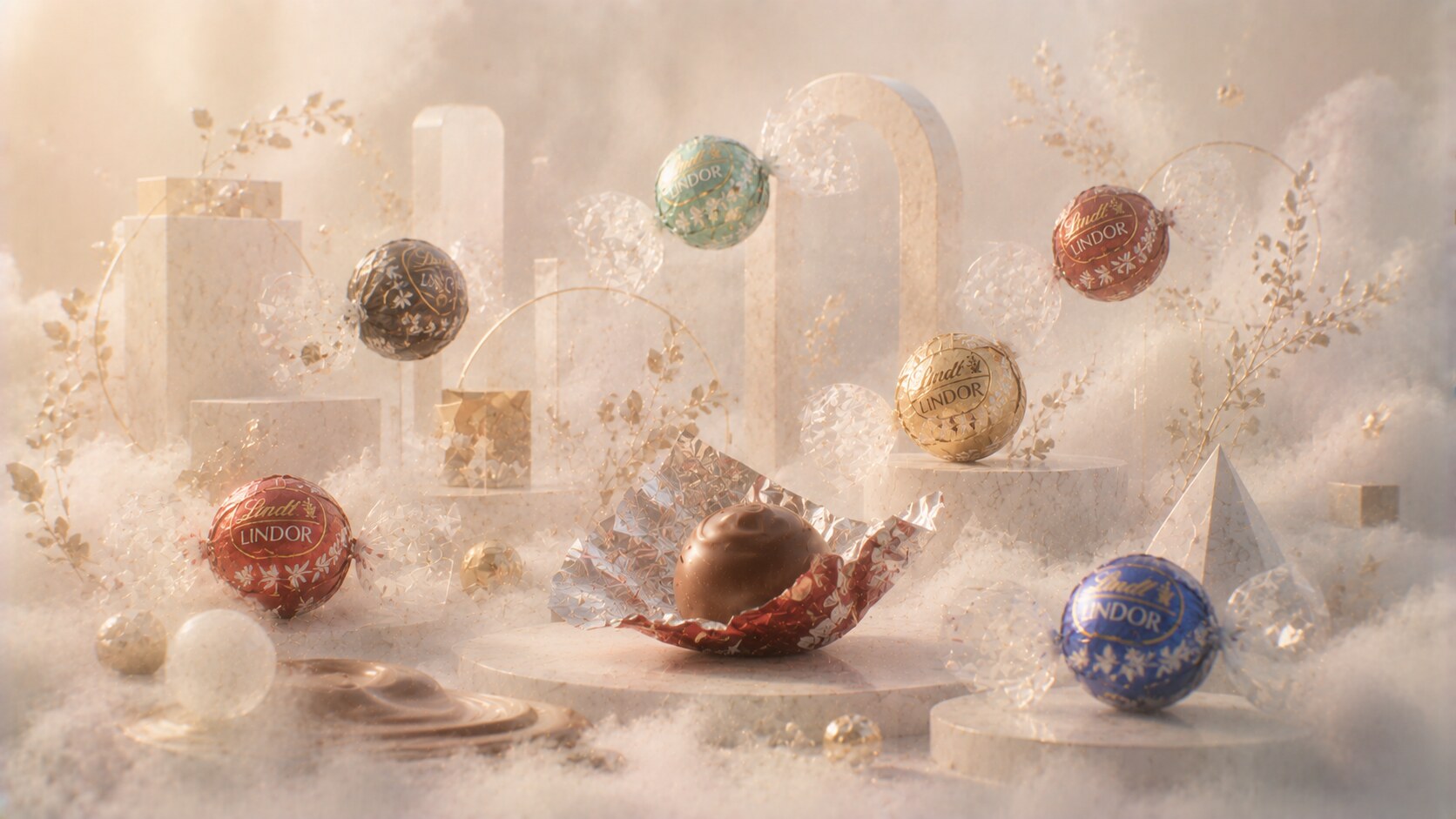 Lindor packaging using color-coded wrappers, smooth lettering, and premium truffle cues across multiple flavors.
