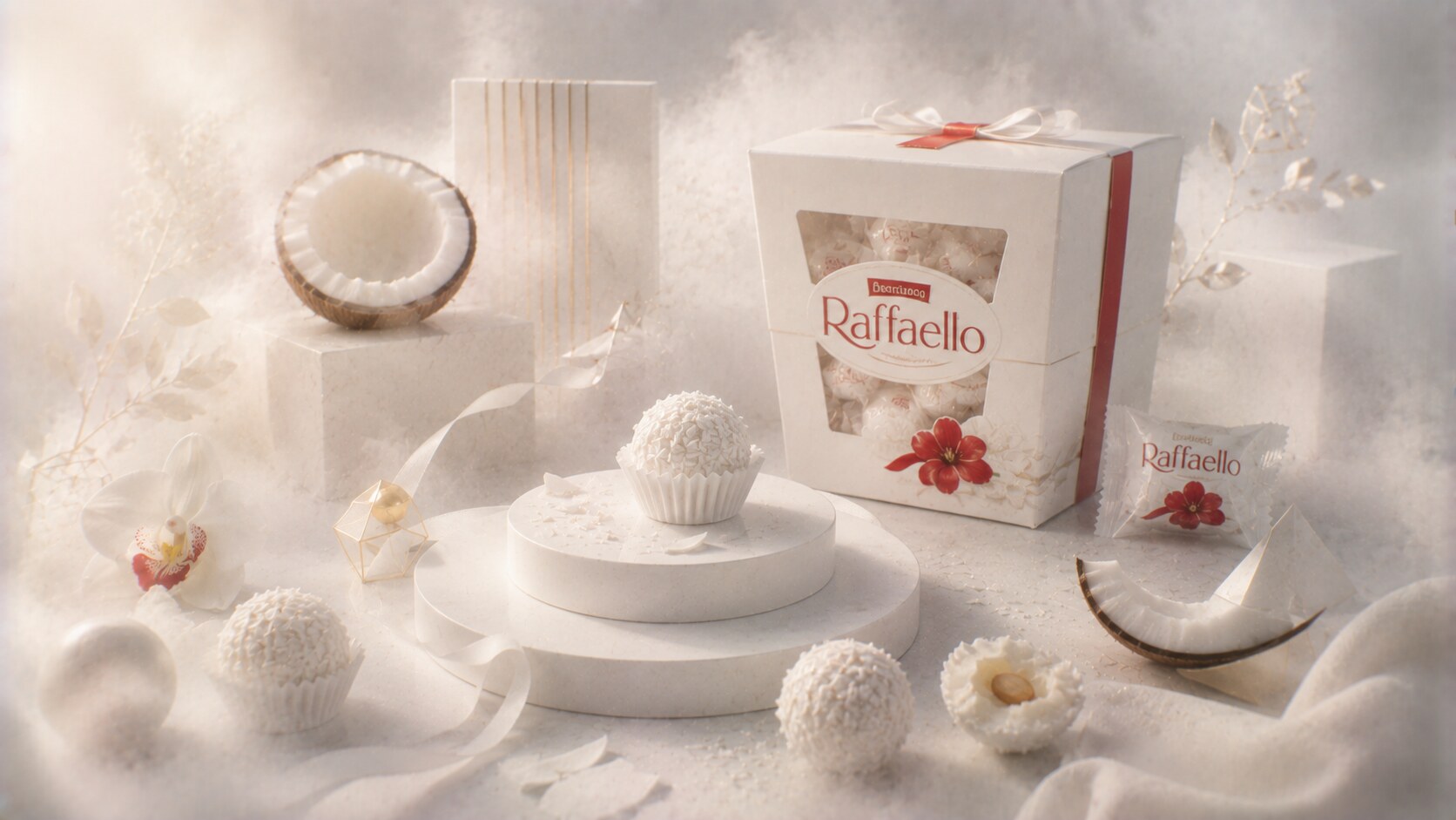 Raffaello packaging with white box, coconut cues, and refined red wordmark creating a lighter gift identity.