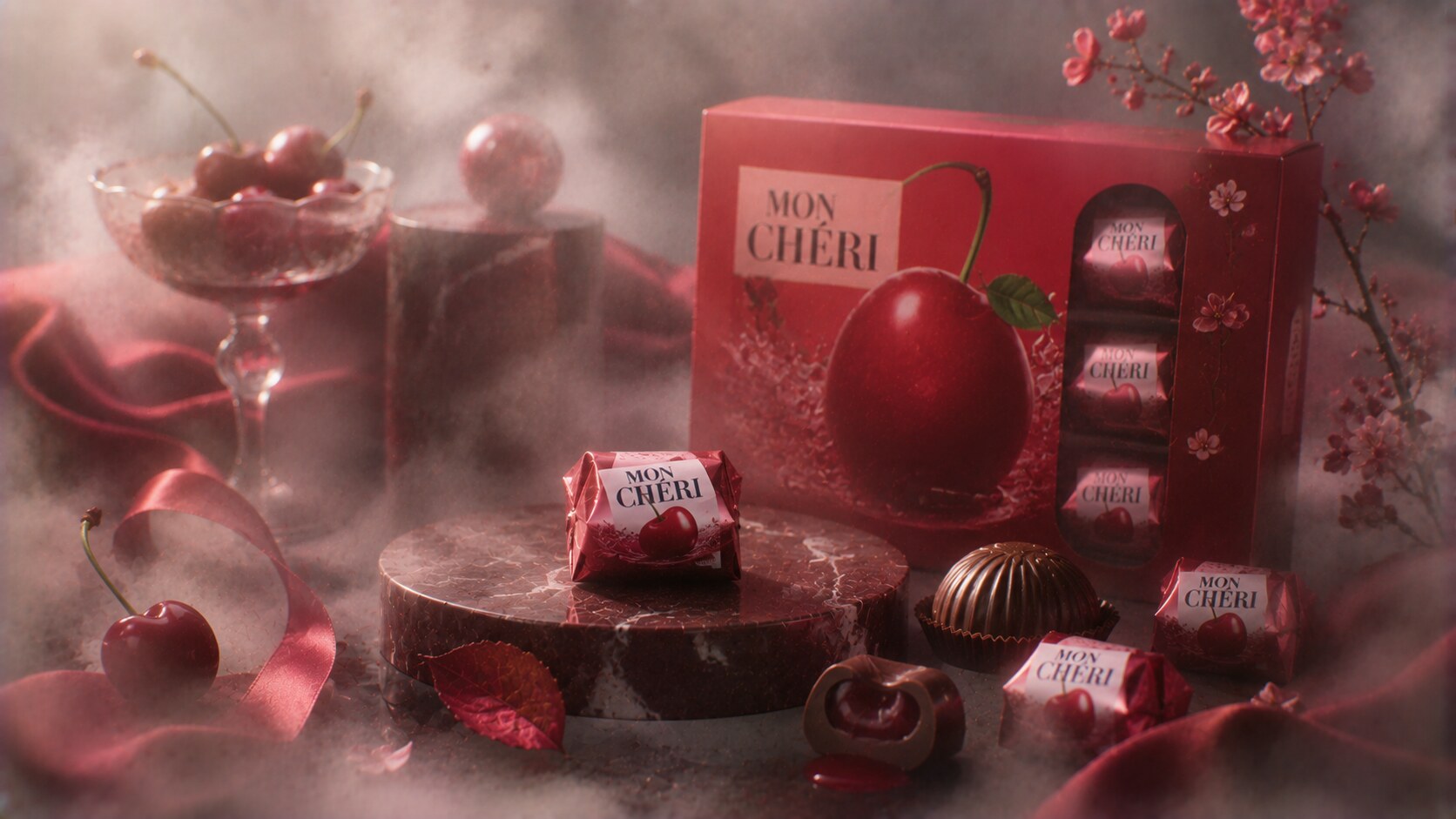Mon Chéri packaging with red palette, cherry symbolism, and individually wrapped pralines designed for a dramatic premium feel.