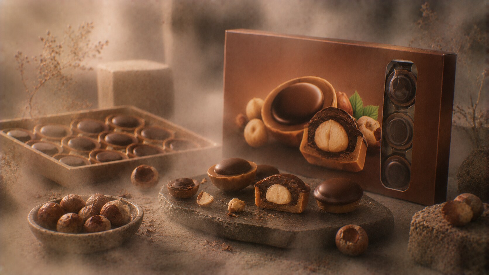 Toffifee packaging with brown box, product cross-section, and tray structure explaining the layered candy construction.
