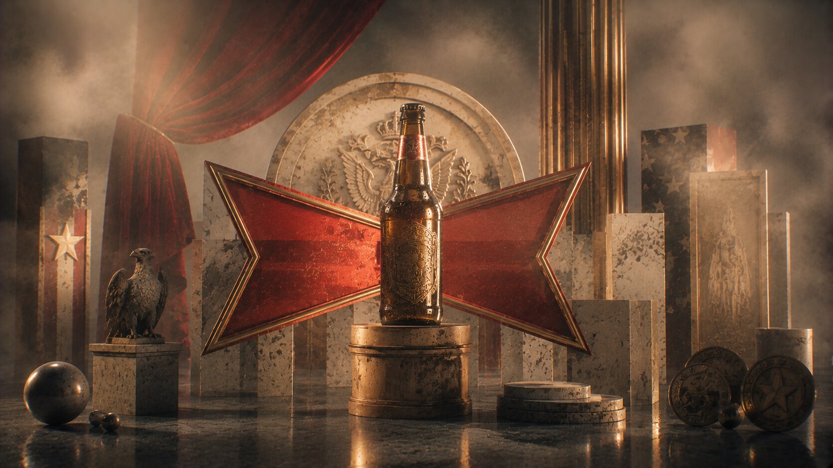 Stella Artois bottle and label using medals, horn emblem, and Belgian architectural cues.