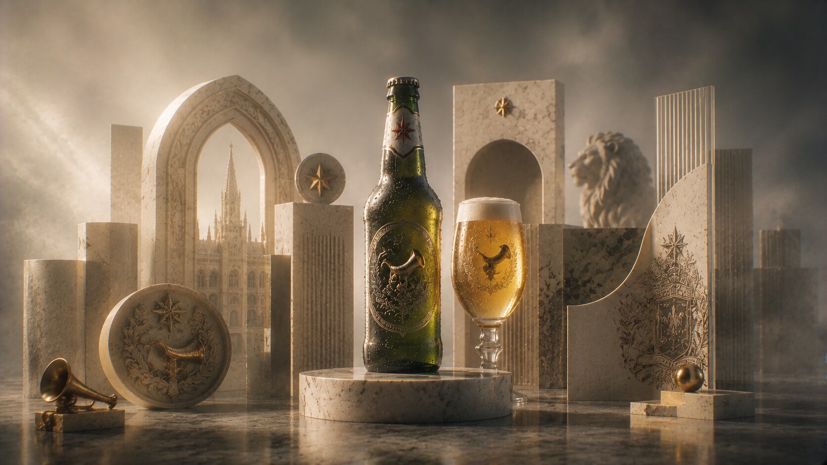 Carlsberg label and bottle design using green glass, crown cues, and restrained Danish brand language.