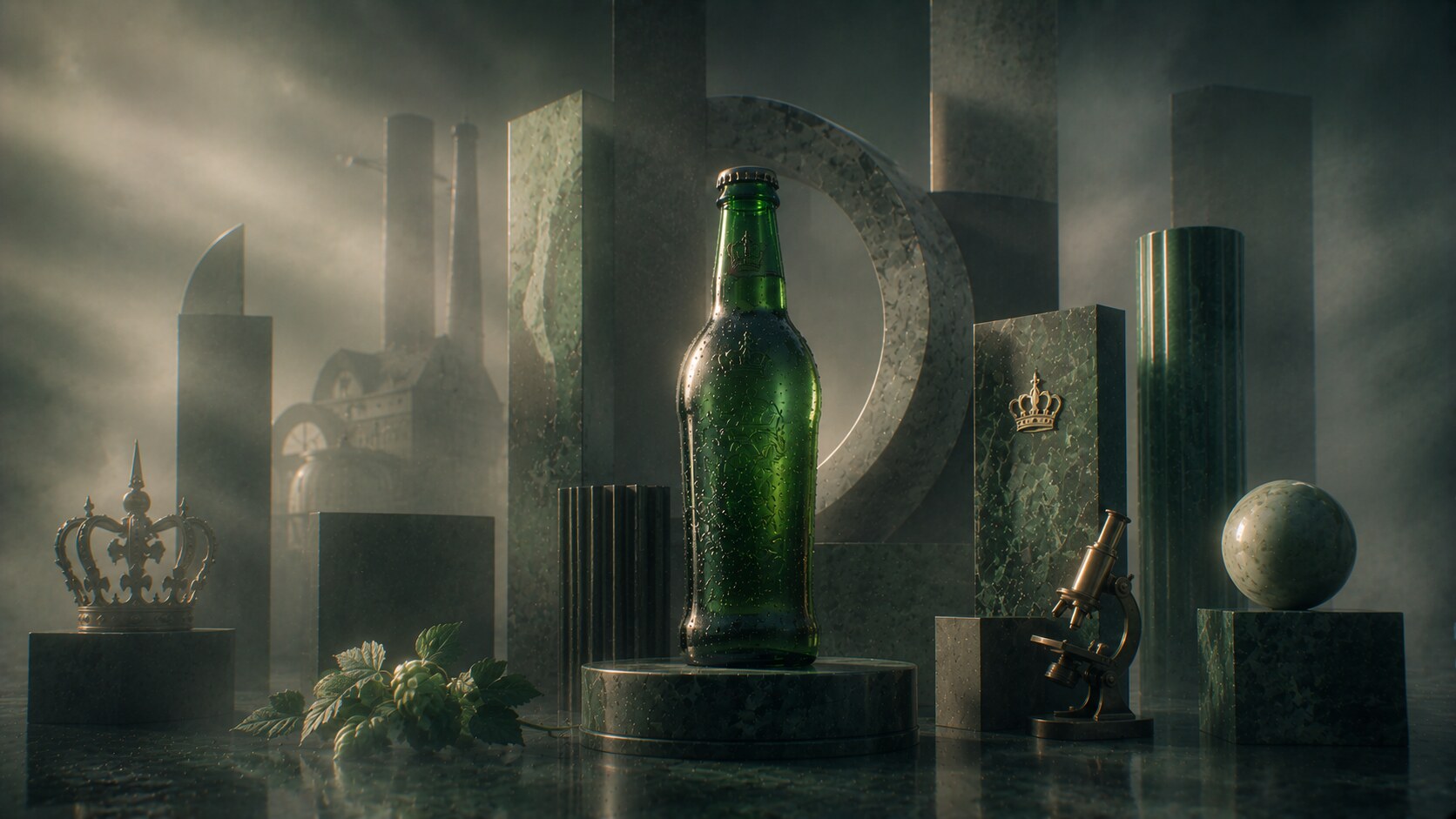 Pilsner Urquell packaging using historical crests, green bottle language, and original-pilsner authority.