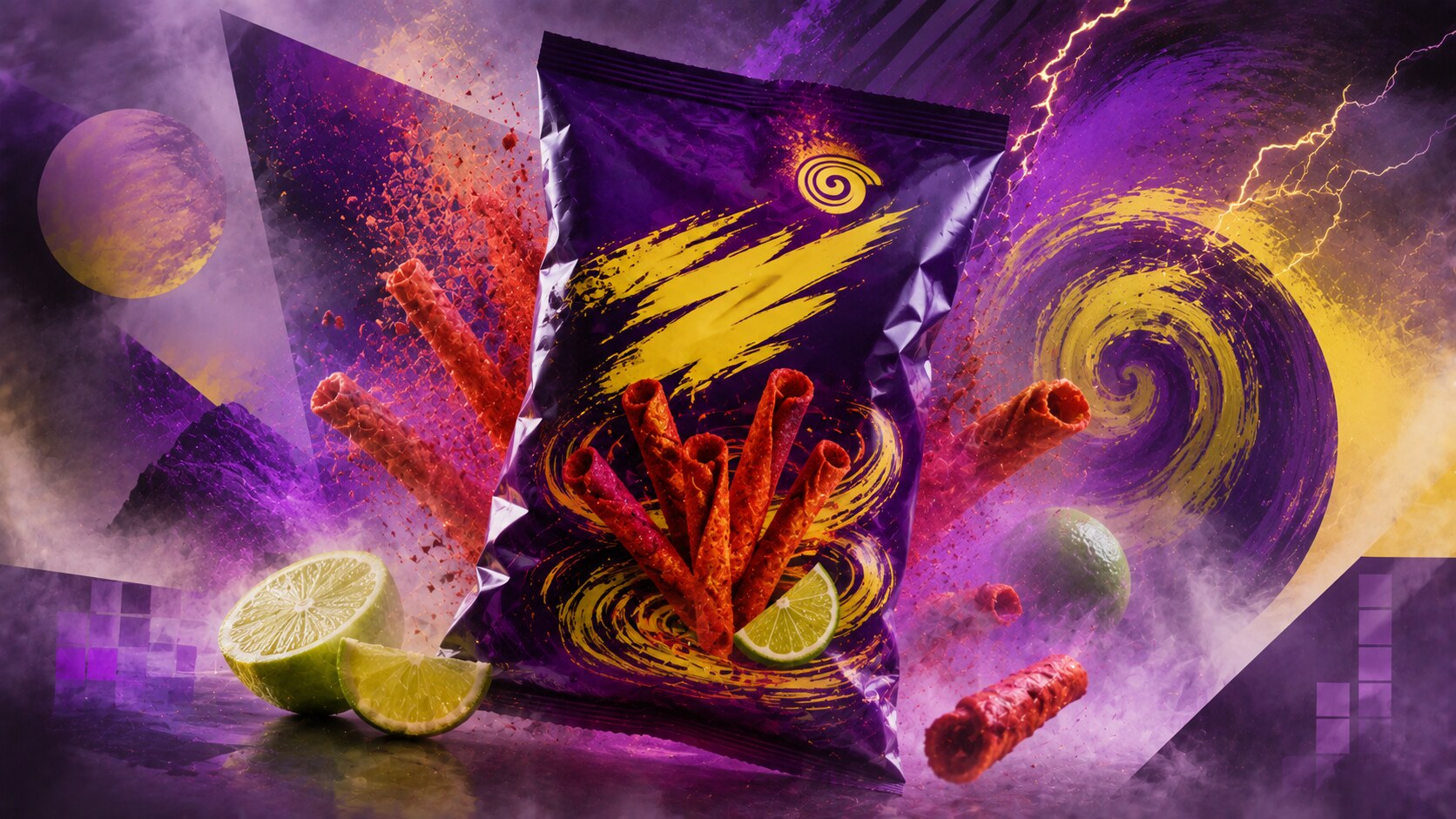 Takis packaging with dark intense palette, rolled-chip imagery, and extreme heat branding built around impact.