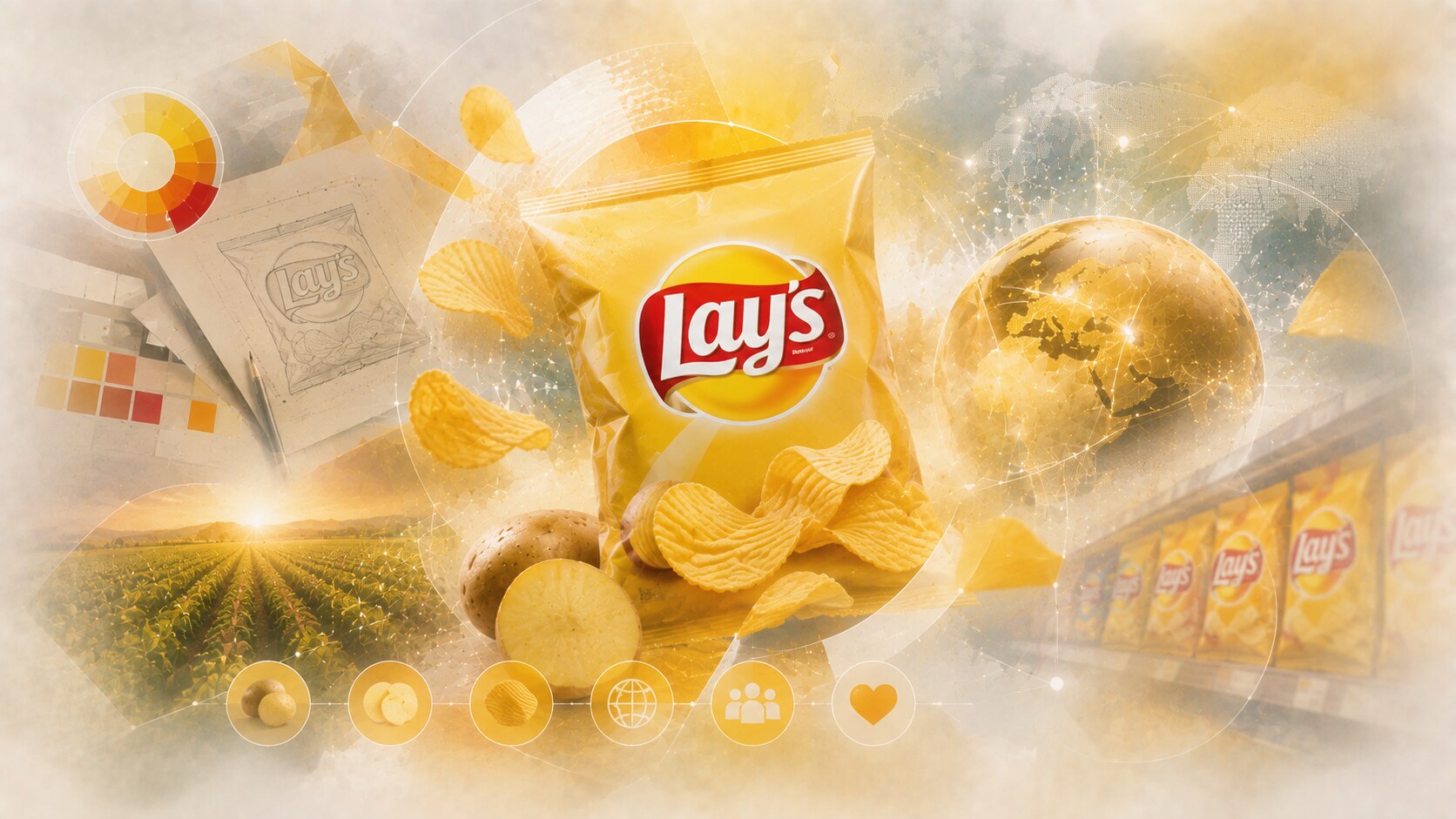 Lay’s packaging with yellow field, red logotype, and potato-centered redesign built for global recognition.