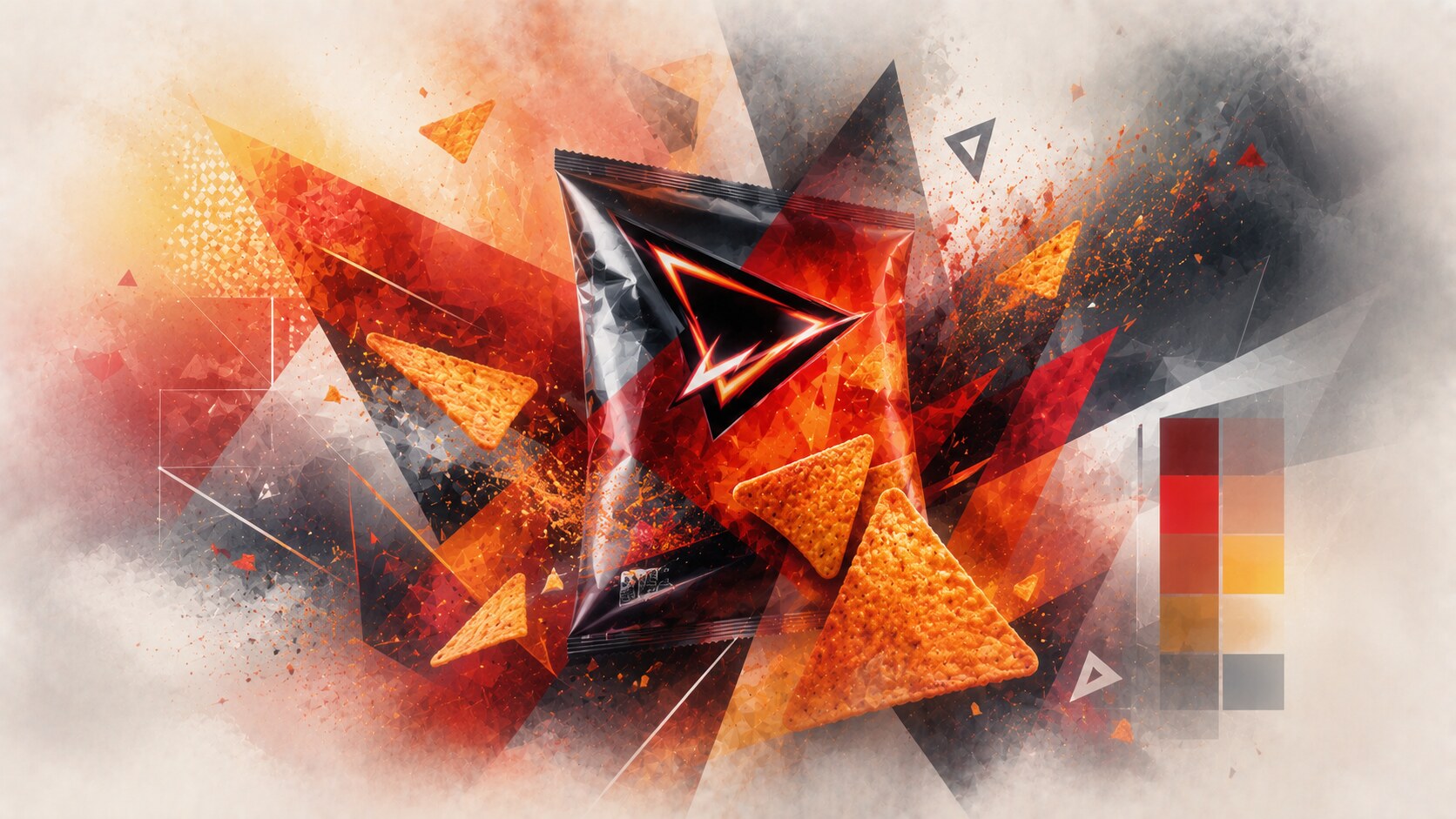 Doritos packaging with angular logo, high contrast flavor coding, and dramatic triangular energy.