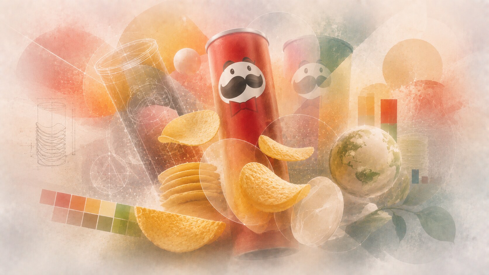Pringles packaging with iconic tube, Mr. P mascot, and strong flavor coding across the canister system.