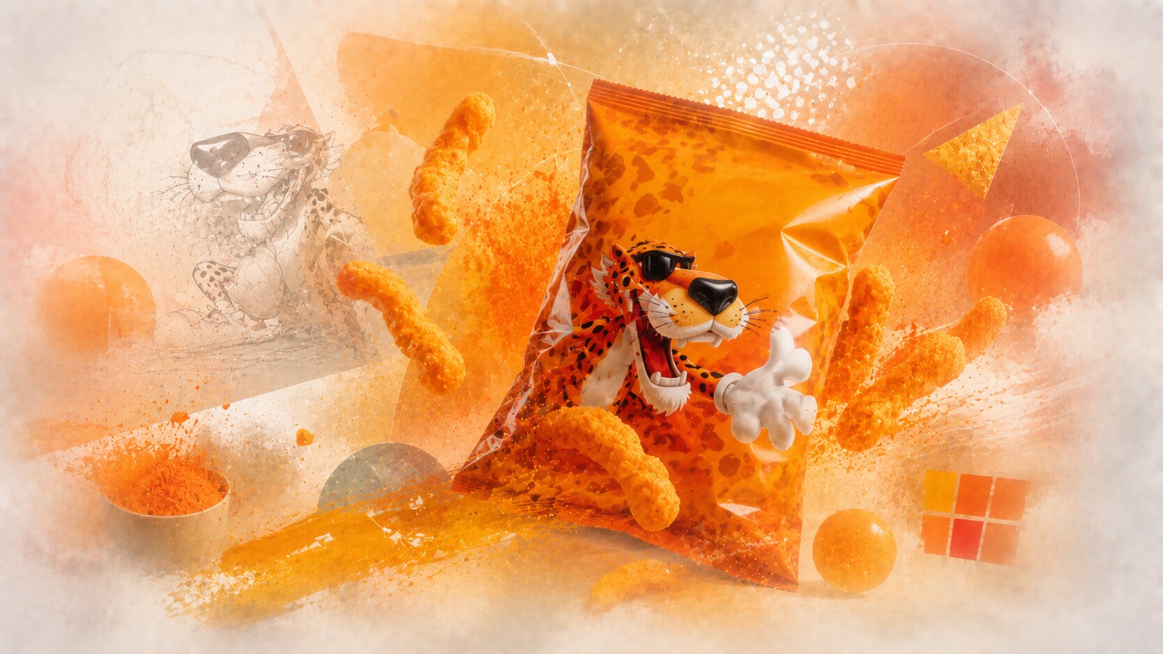 Cheetos packaging with Chester Cheetah, orange color ownership, and high-energy graphic language.