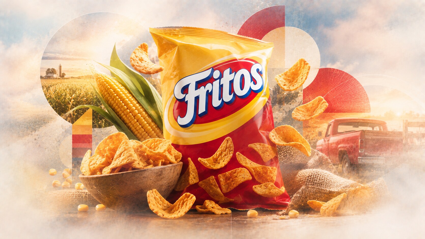 Fritos packaging with simple logo, corn-chip directness, and durable heritage snack branding.