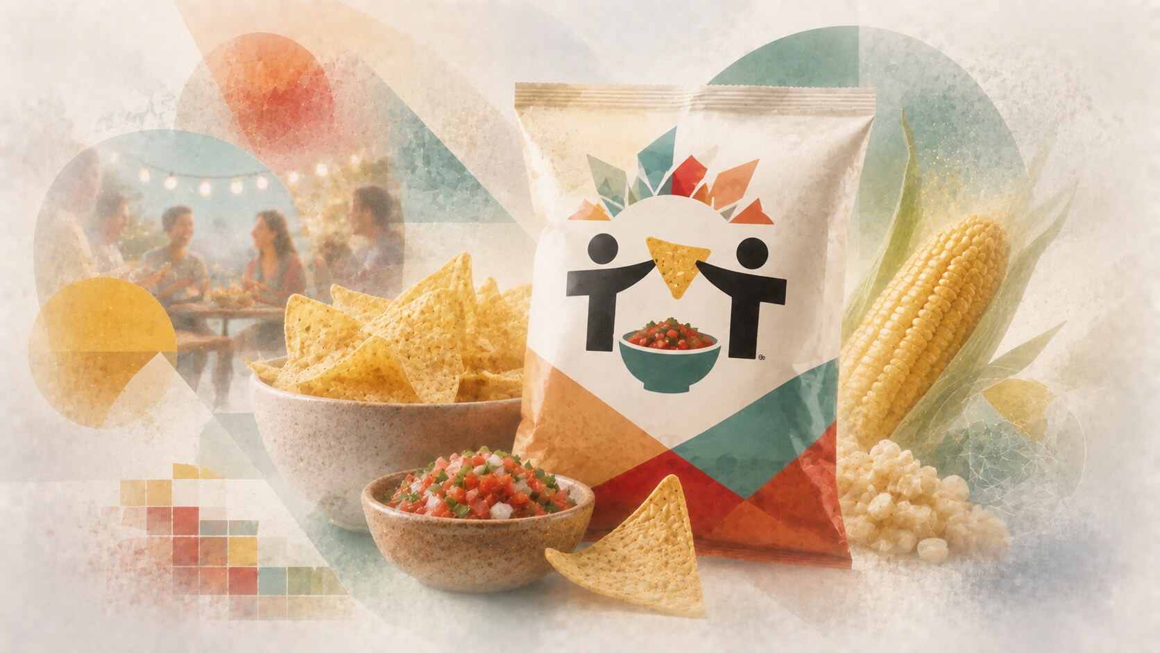 Tostitos packaging with sharing logo, corn-based story, and refreshed craft-led tortilla chip branding.