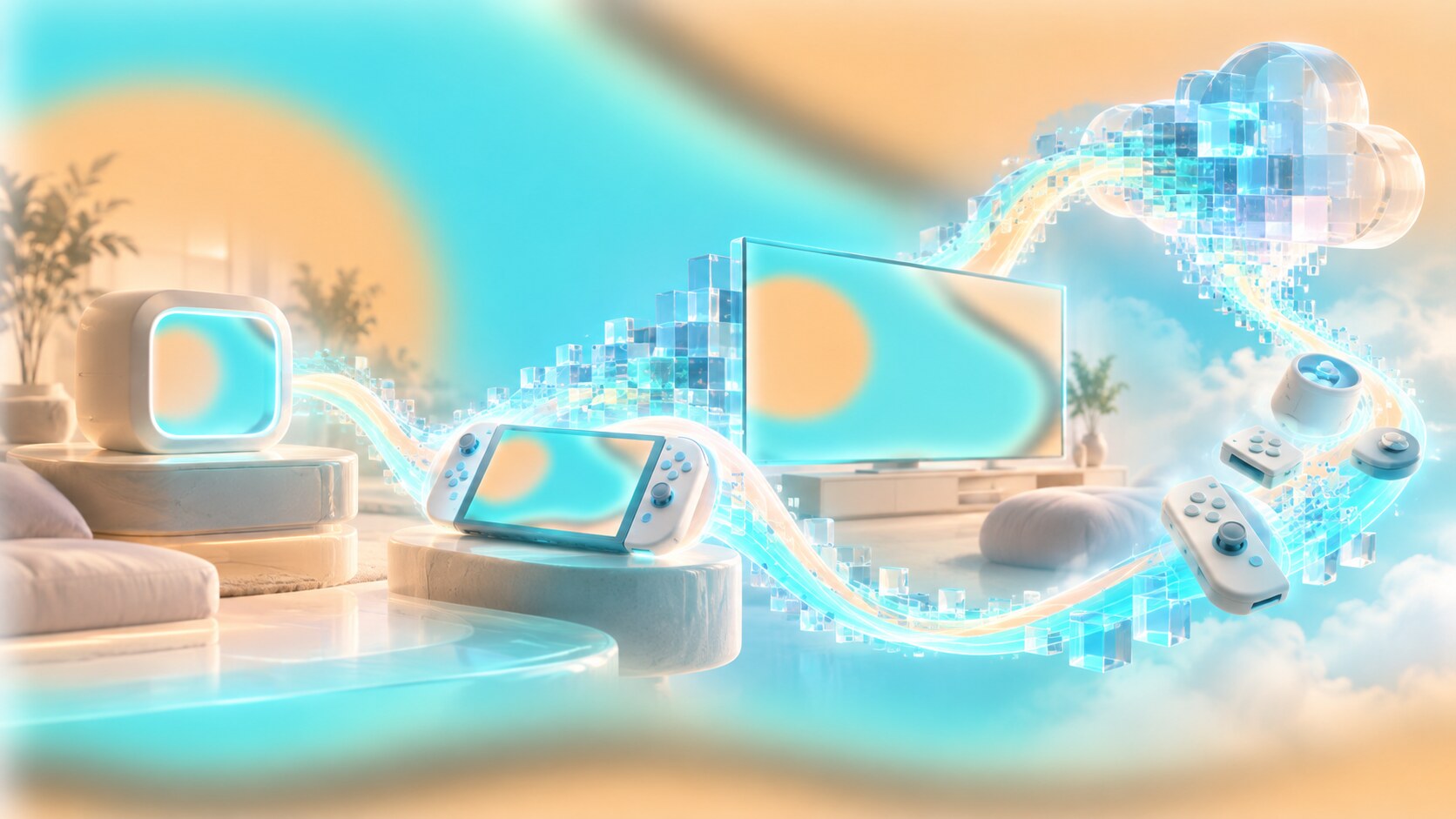 Future PlayStation concept connecting console, handheld play, cloud services, machine-learning graphics and accessible modular hardware.