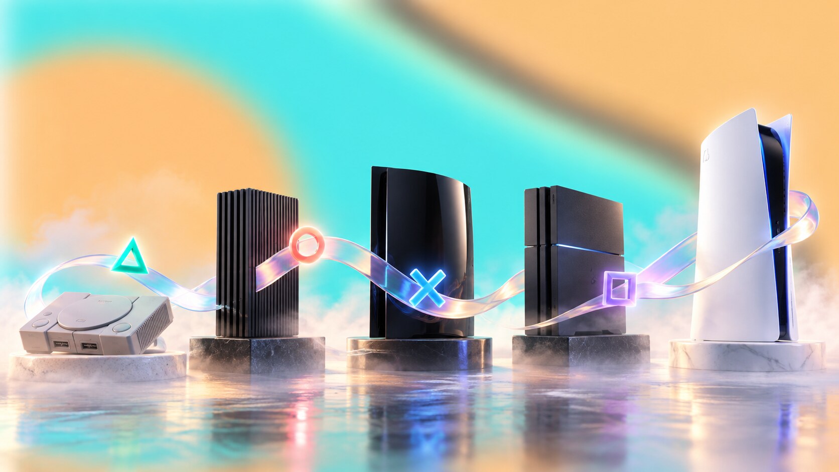 Complete PlayStation design evolution from the grey original console through PS2, PS3, PS4 and the white PS5 generation.