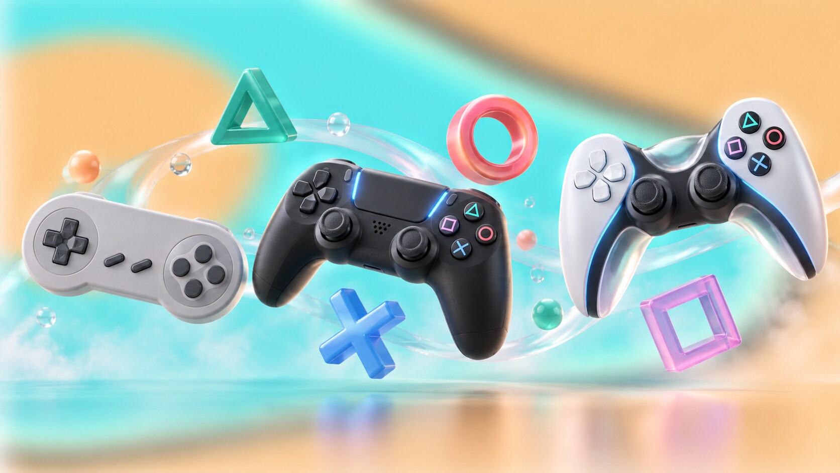 PlayStation controller evolution showing the triangle, circle, cross and square symbols from the original pad to DualSense.
