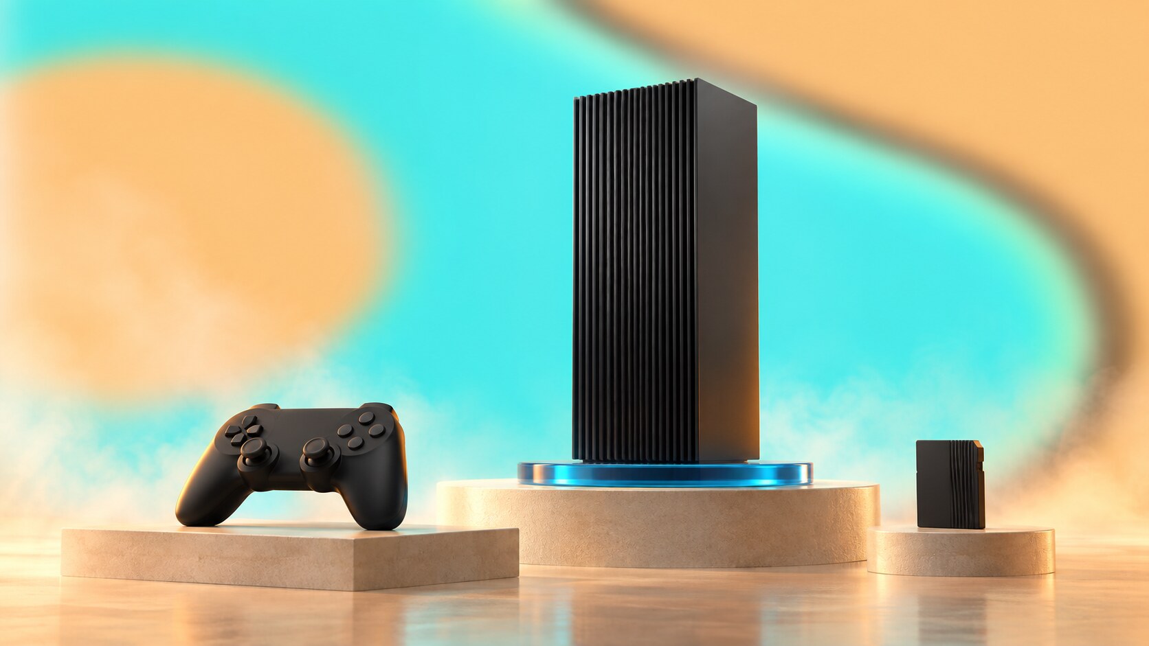 PlayStation 2 black vertical console, blue stand, memory card, DualShock 2 and minimalist PS2 packaging design.