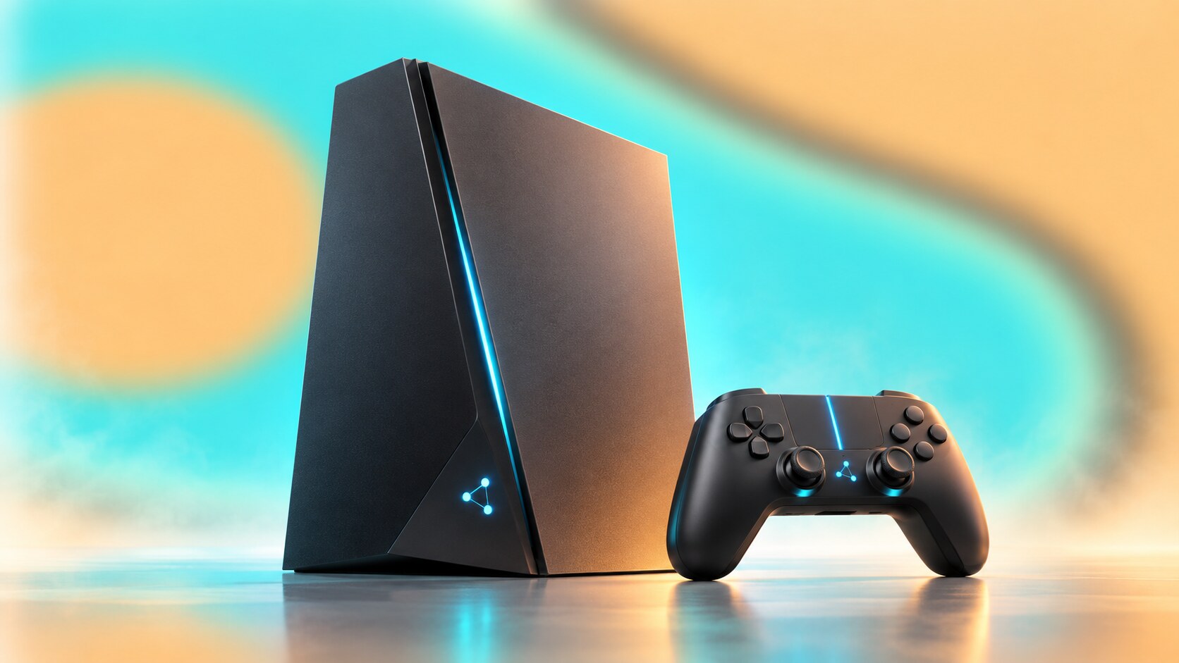 Angular black PlayStation 4 console and DualShock 4 designed as one restrained product family for the living room.