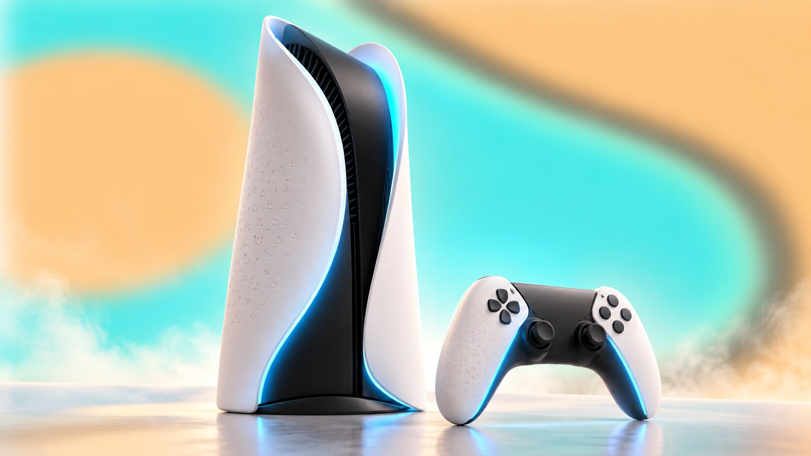 White and black PlayStation 5 console with blue light, removable side panels, DualSense controller and tiny PlayStation-symbol texture.