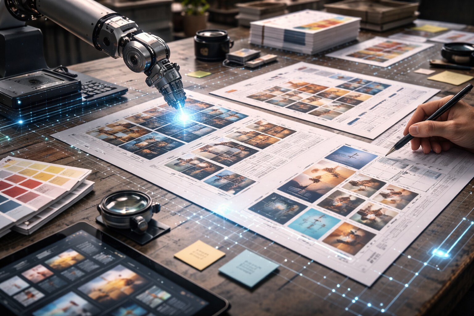 Offset press surrounded by proofs and color panels