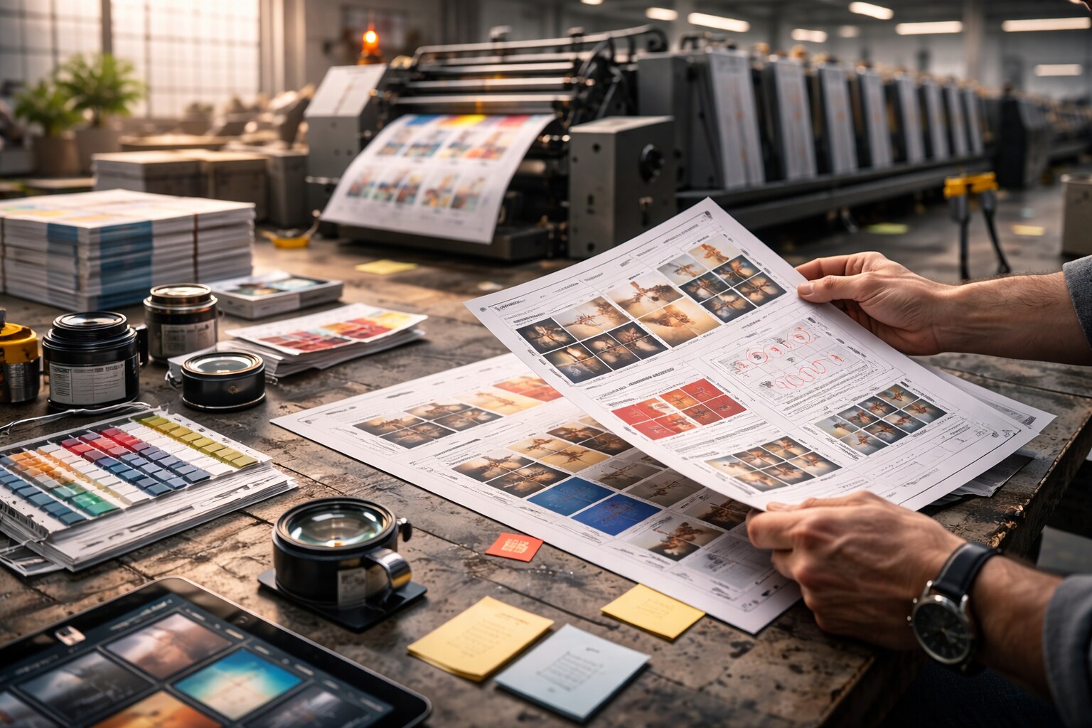 Junior designer comparing proofs to digital mockups