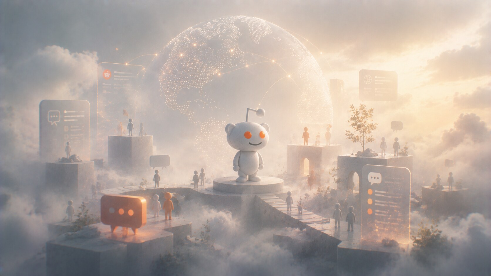 Future-facing Reddit design direction with AI answers, translation, human conversation, and a more global product system.