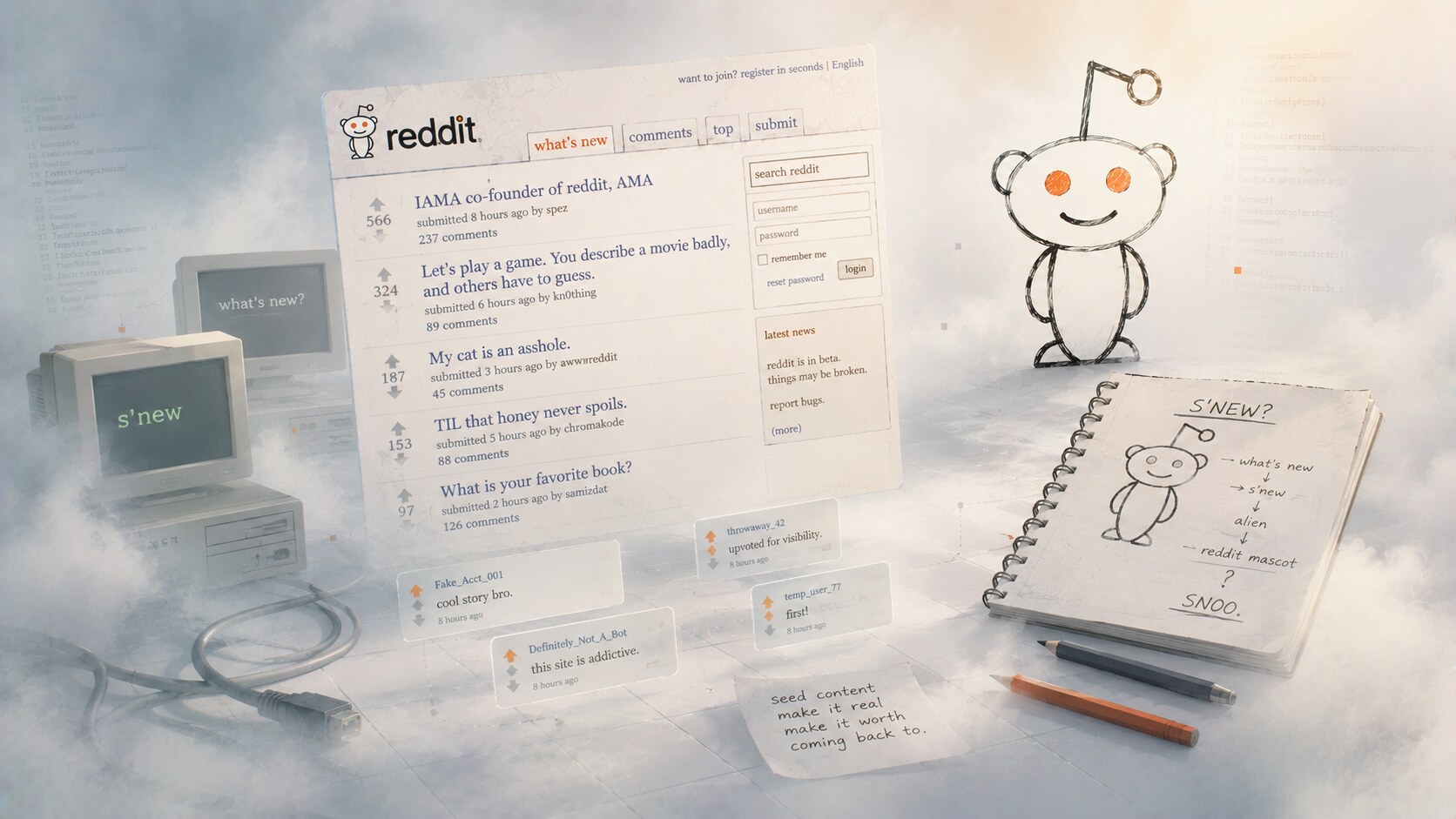 Early Reddit interface and logo period showing rough web-era structure, simple lists, and the birth of Snoo.