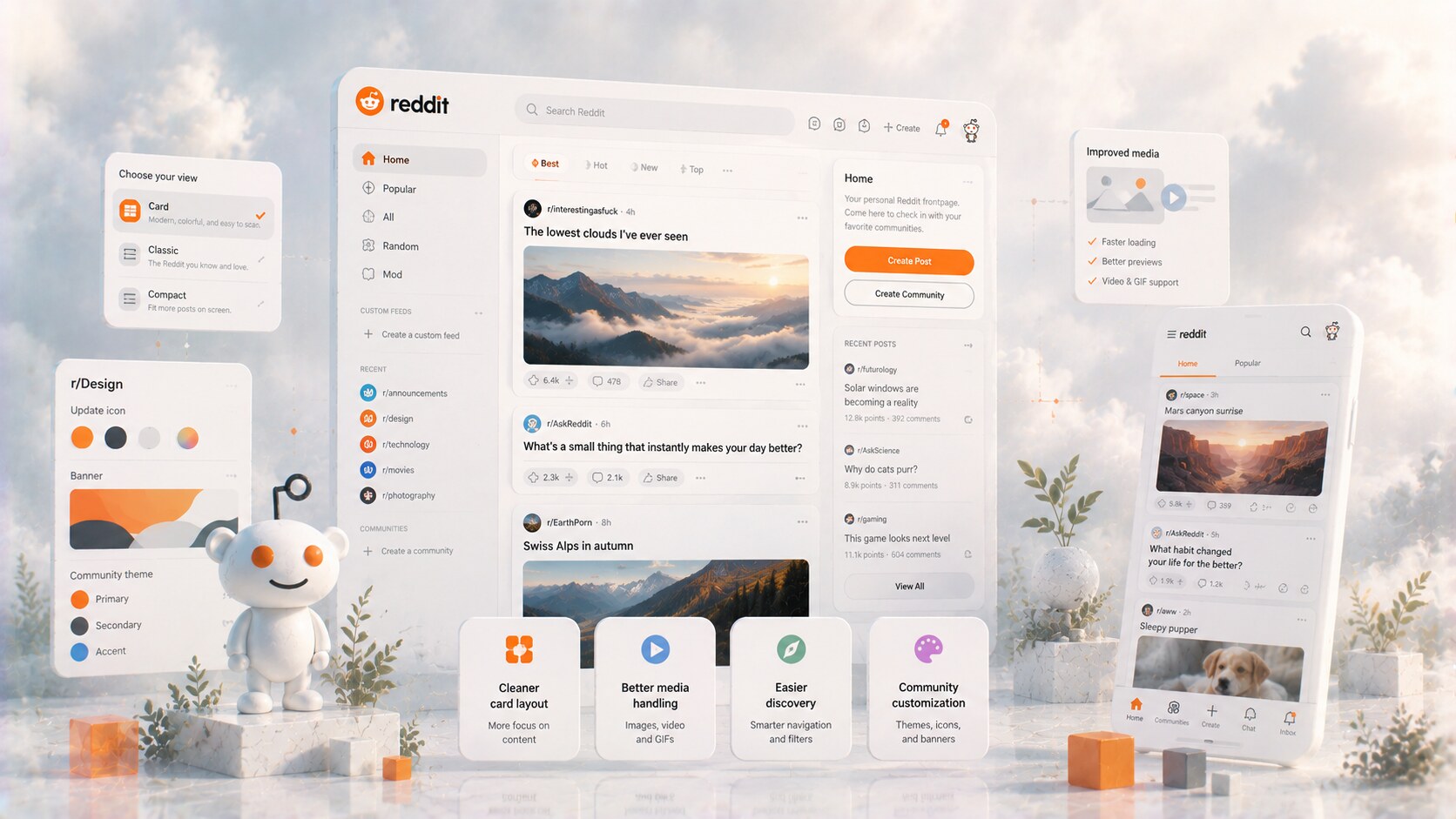 Reddit 2018 redesign showing cleaner layouts, card views, clearer navigation, and a more welcoming product system.