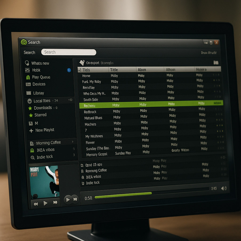 Early Spotify desktop app with dark UI, sidebar playlists, and dense track lists focused on quick access.