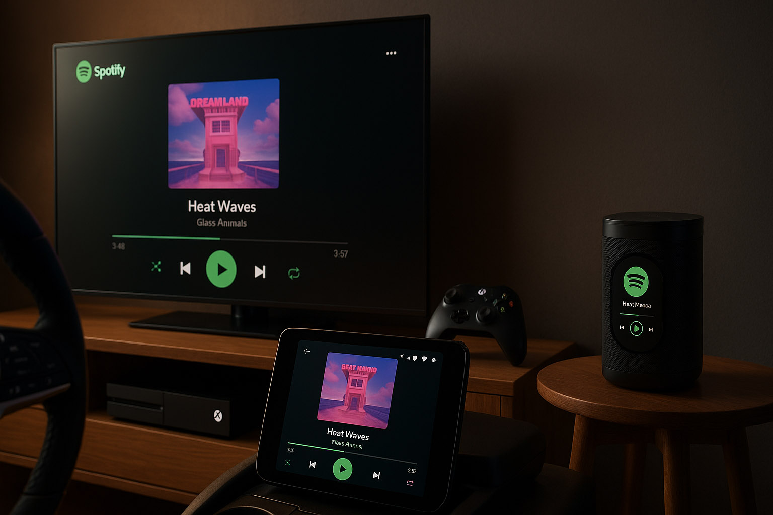 Mockups of Spotify interface across TV, console, car, and smart speaker screens showing a consistent dark theme.