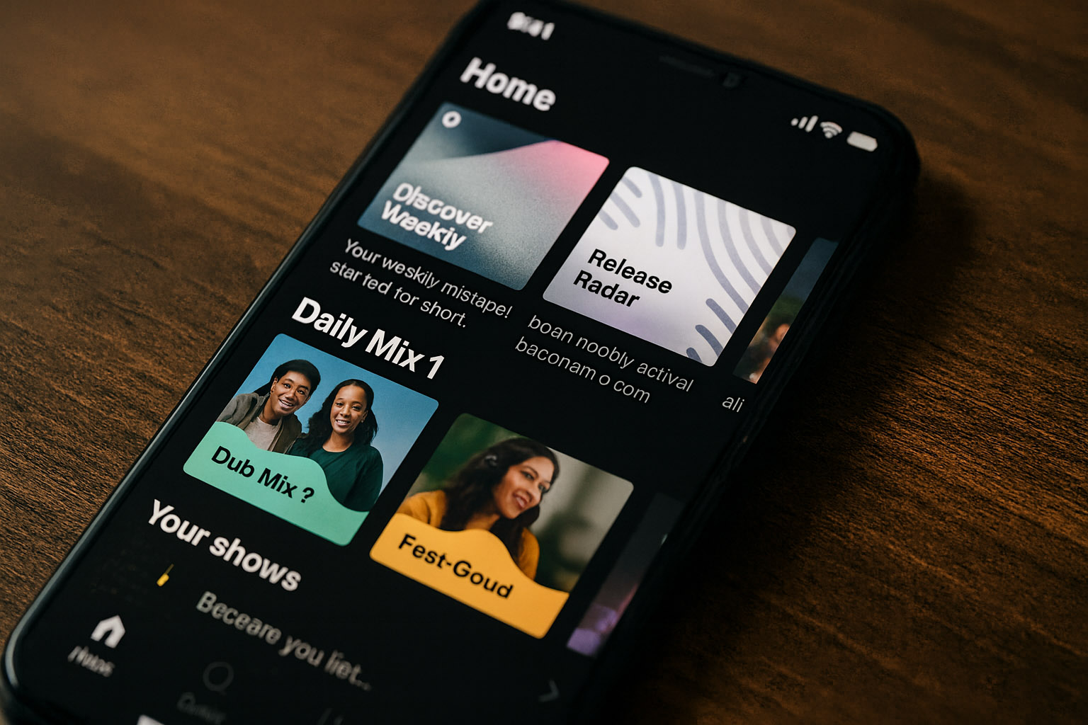 Spotify home screen with personalized rows like Discover Weekly, Daily Mixes, and mood-based playlists.