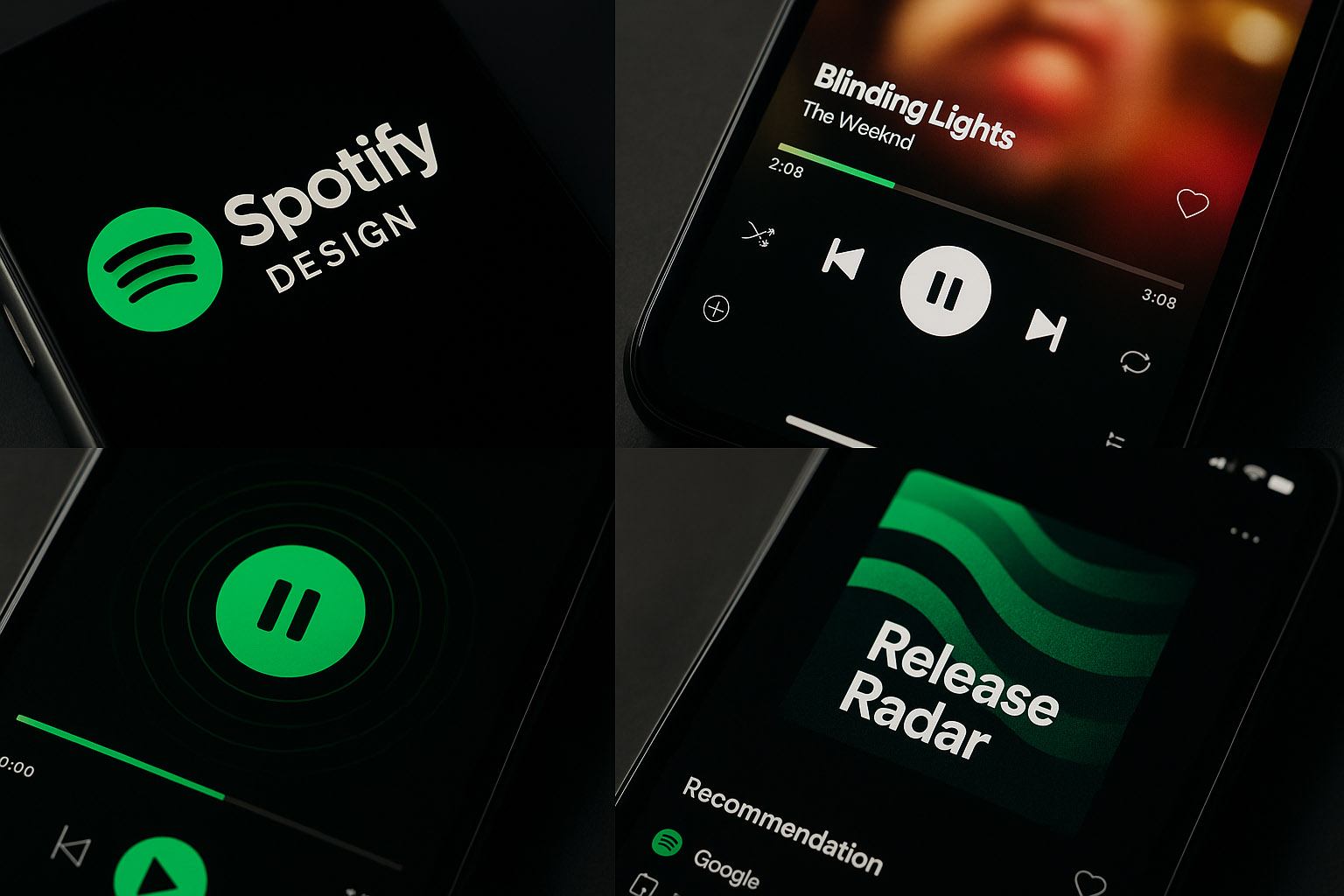 Detail shots of Spotify microinteractions like animated play button, progress bar, and Canvas visuals.