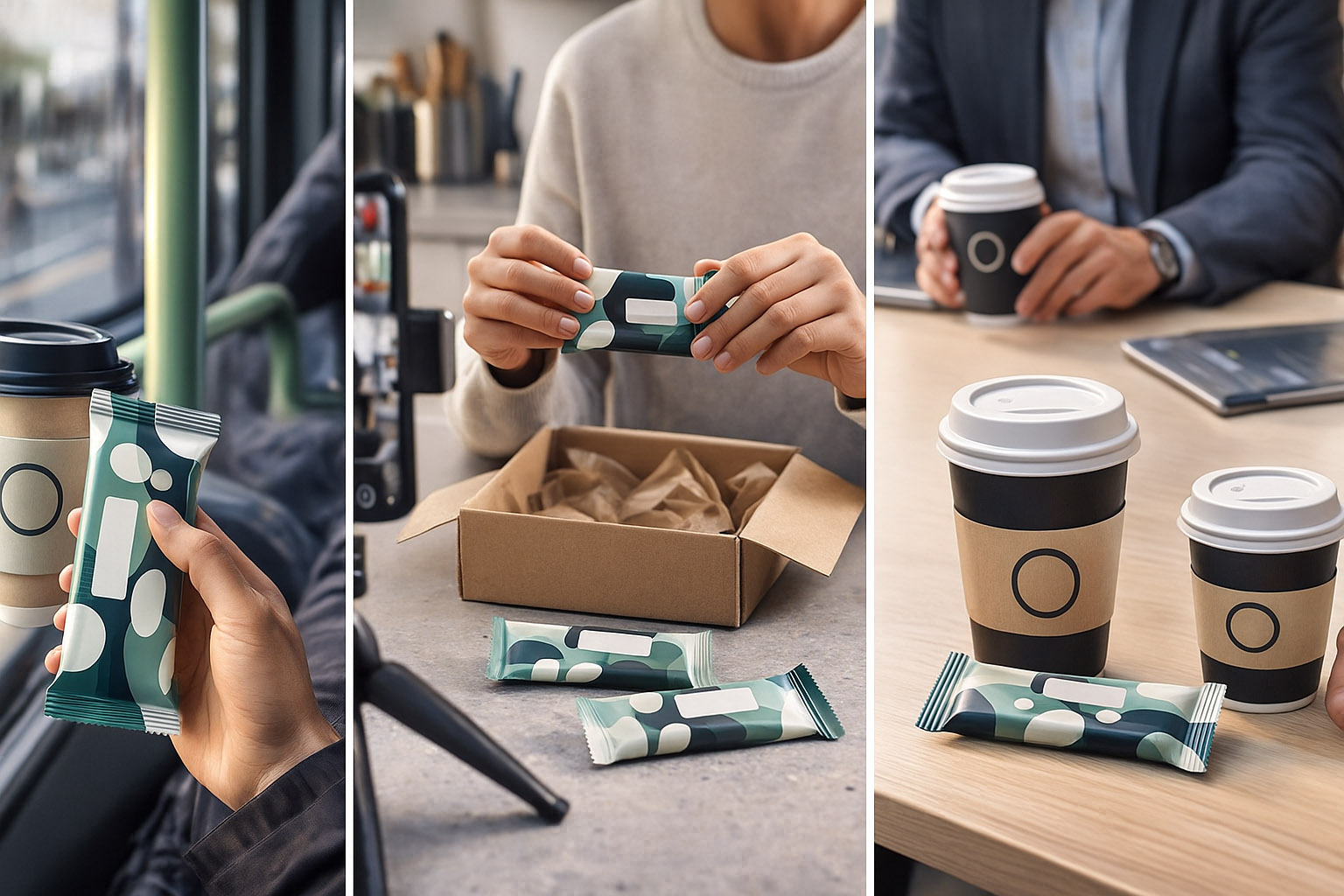 Visual overview of branding codes applied to snack bars across shelves, screens, and real-life scenes.