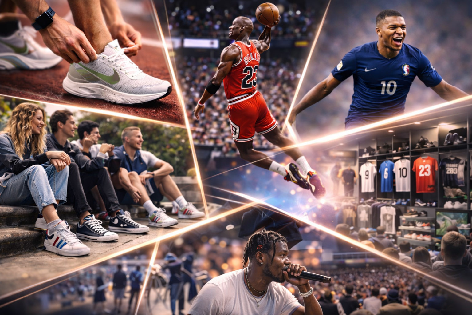 Iconic sports branding assets shown in real-world use: apparel, shoes, and accessories