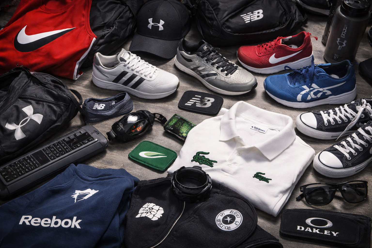 Collection of iconic sports brand logos on products and apparel