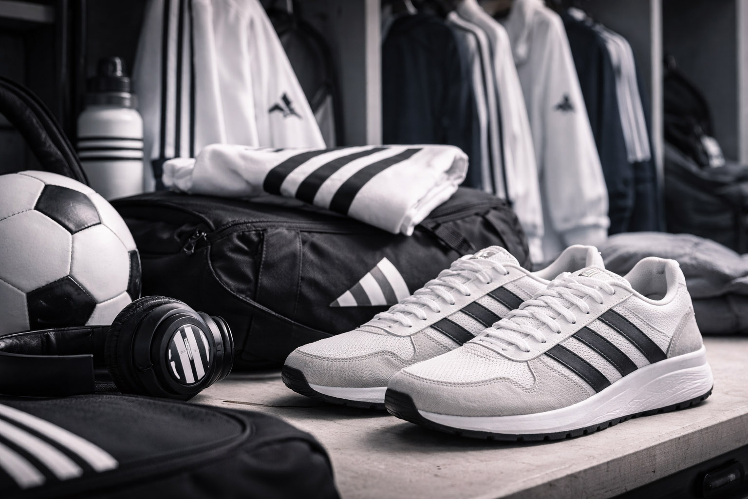 adidas stripes used as a pattern across footwear and apparel