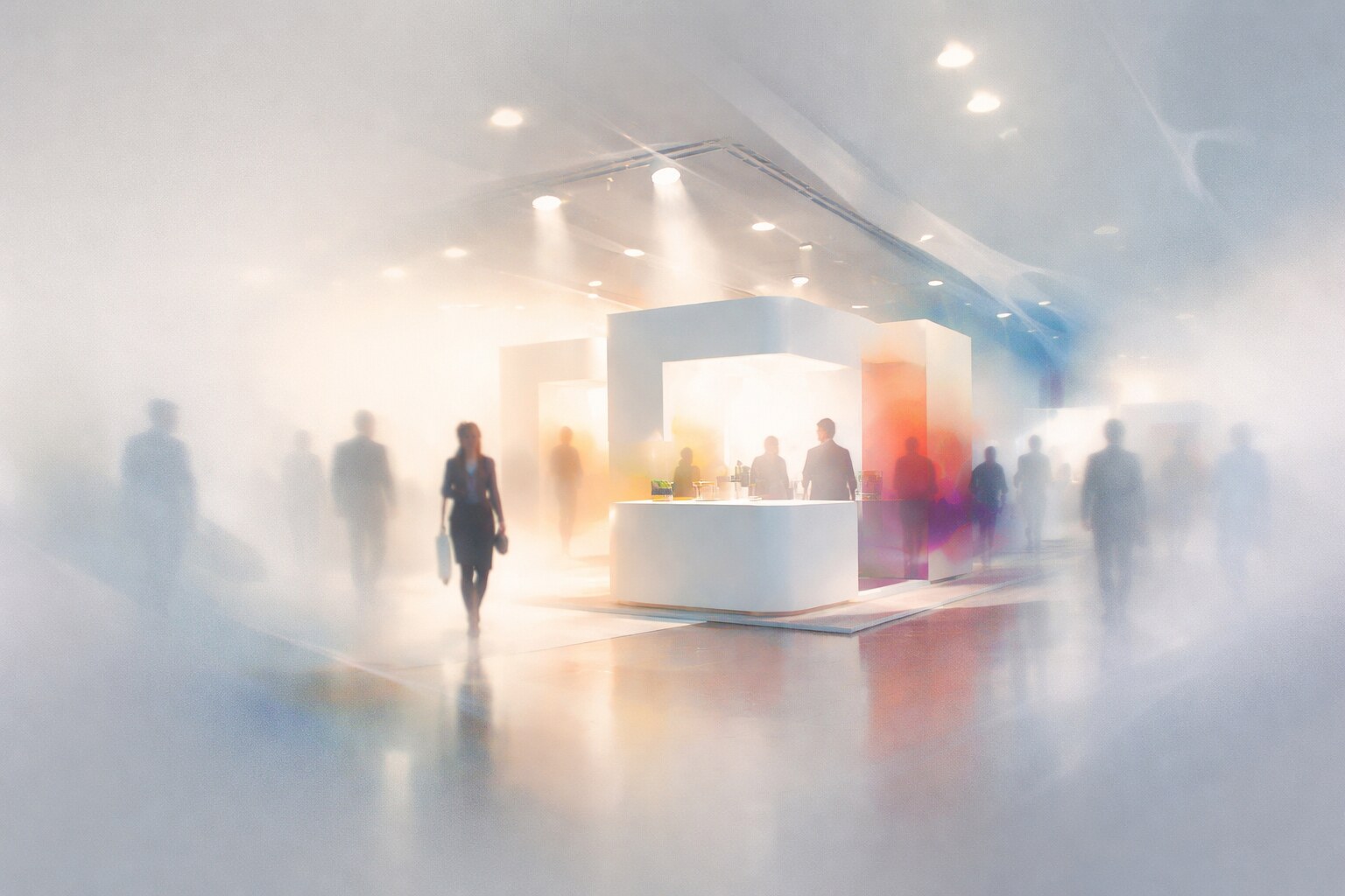 Exhibition stand designed to stop visitors in a busy aisle.