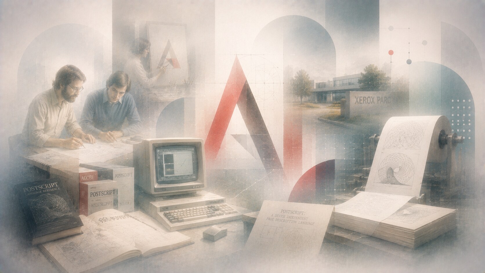 Early Adobe branding and technology era with original logo, founders, and the beginning of PostScript and desktop publishing culture.