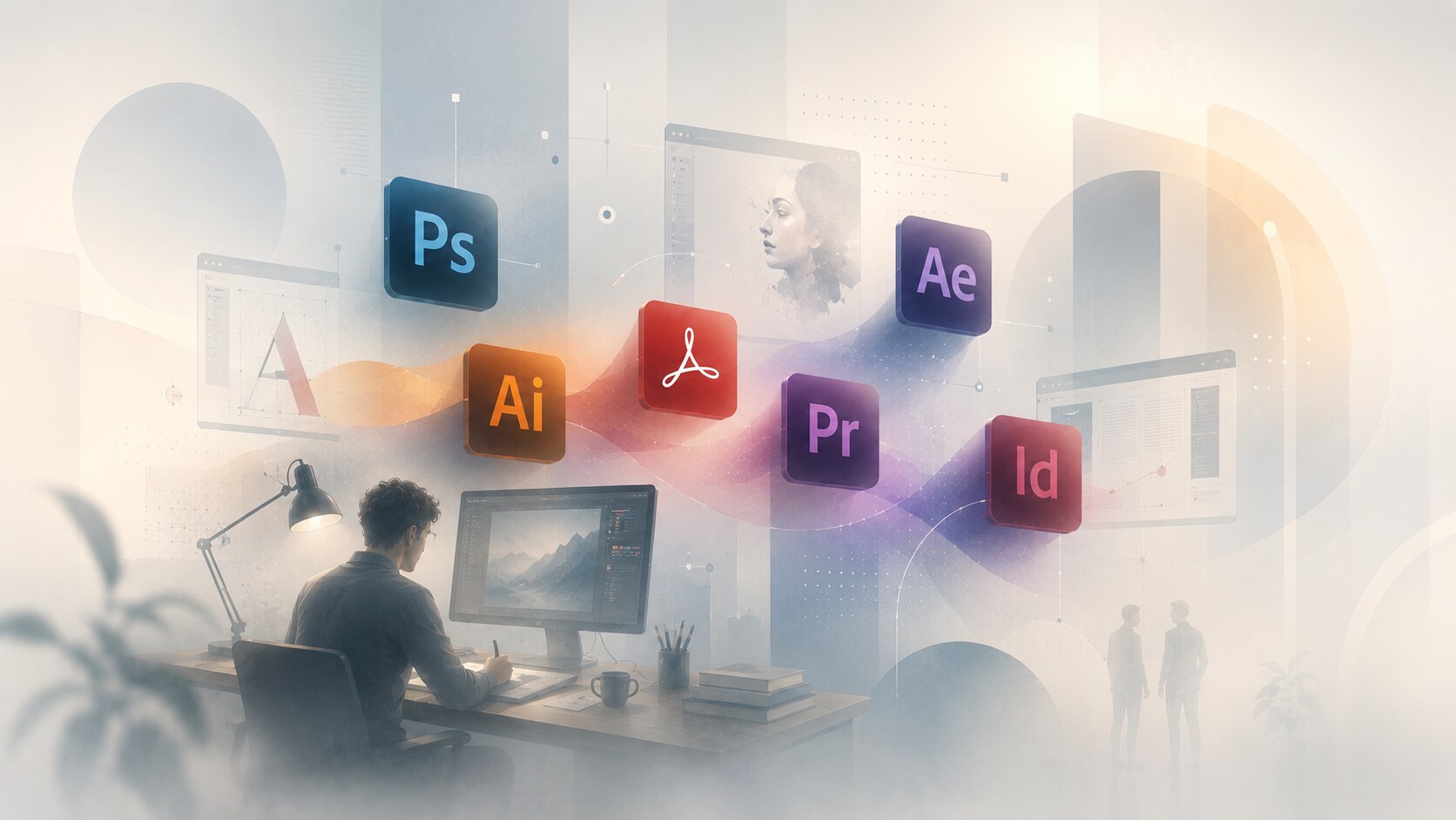 Adobe app expansion era with Photoshop, Illustrator, Acrobat, and other tools becoming the visible face of the brand.