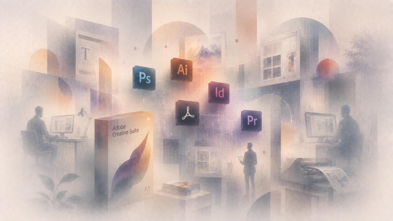 Adobe Creative Suite era showing boxed software branding, coordinated app icons, and stronger ecosystem identity.