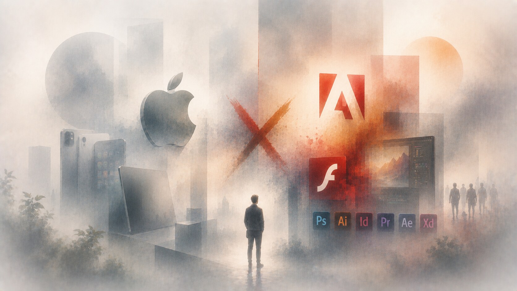 Adobe design wins and setbacks shown through flagship apps, Creative Cloud growth, Flash decline, and portfolio complexity.