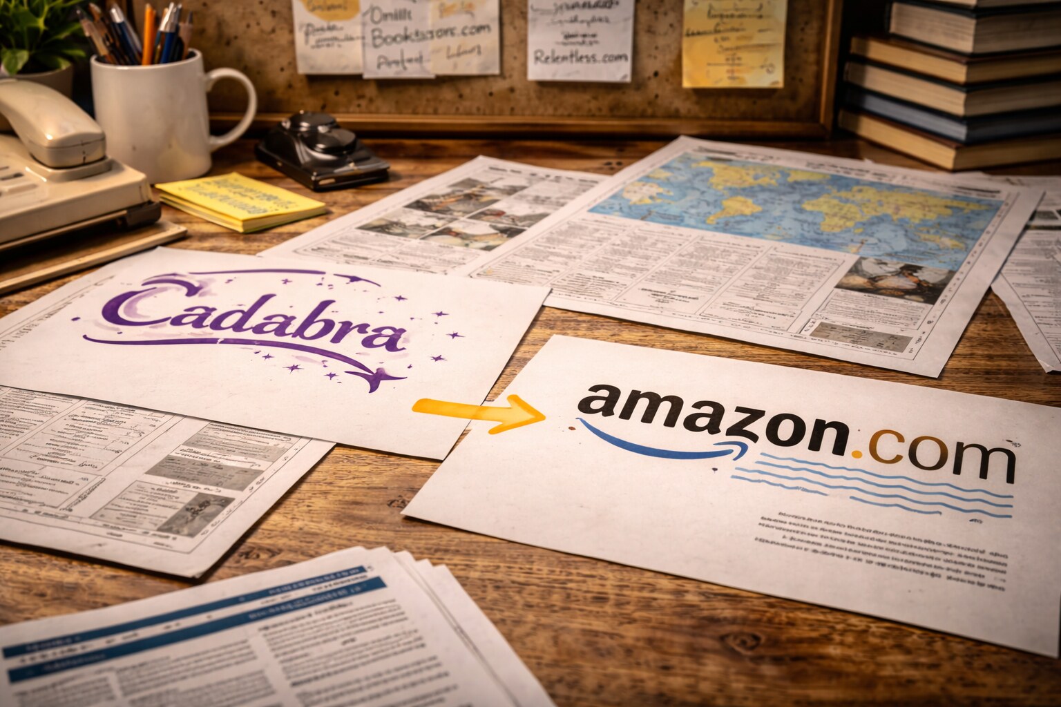 Early Amazon naming shift from “Cadabra” to “Amazon,” shown as printed logos on a desk.