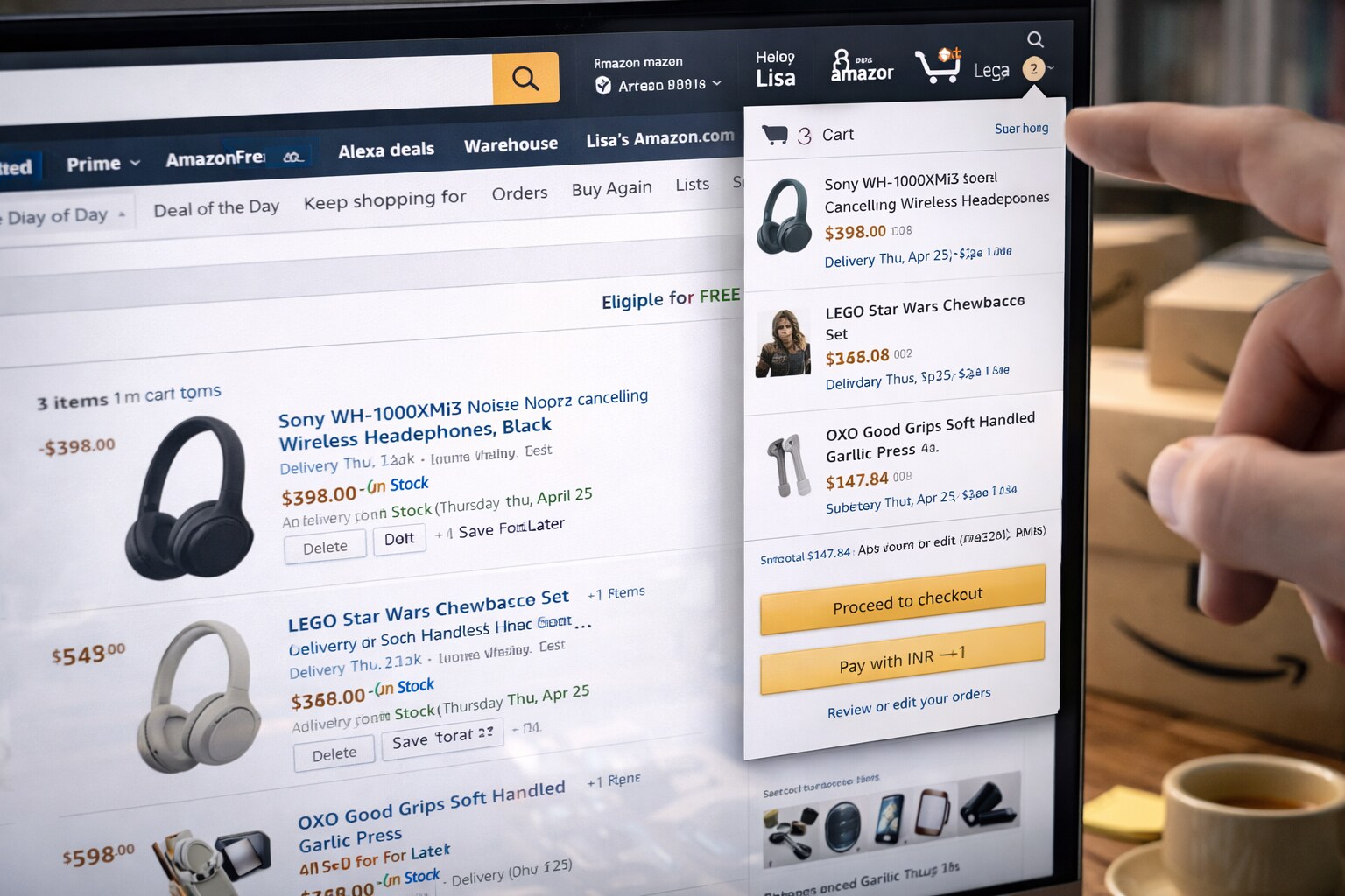 Amazon cart shown as a persistent panel and checkout prompt layered over browsing.