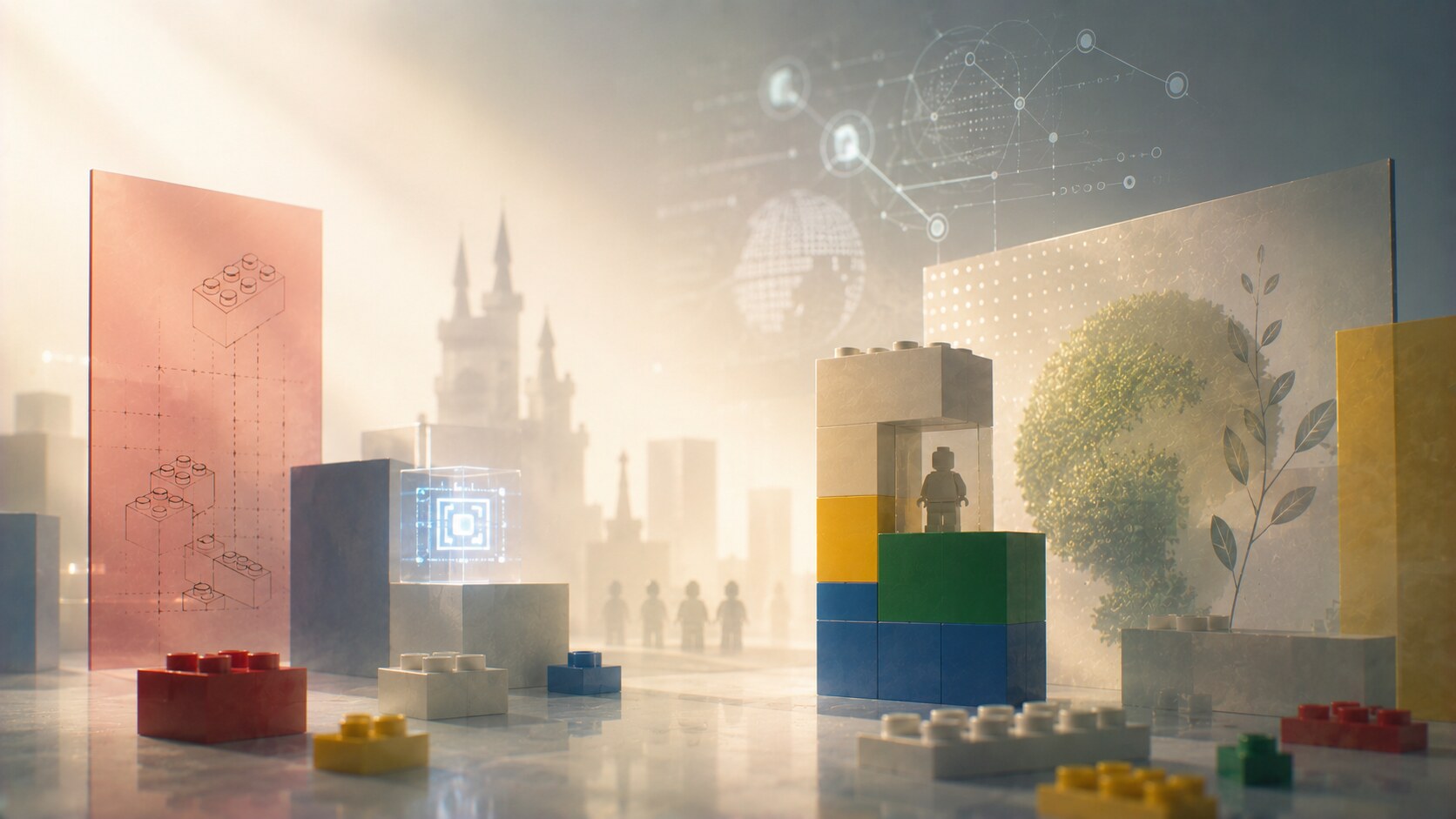 Future-facing LEGO design direction combining physical bricks, digital layers, sustainability, adult fans, and long-term brand continuity.