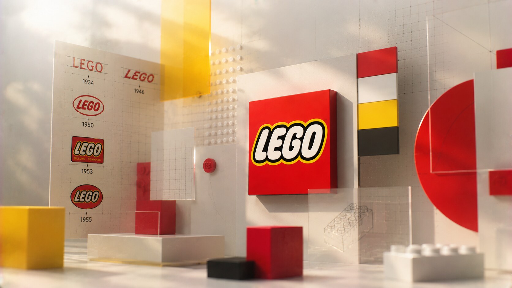 LEGO logo evolution from earlier wordmarks to the bold red, yellow, white, and black identity used globally today.