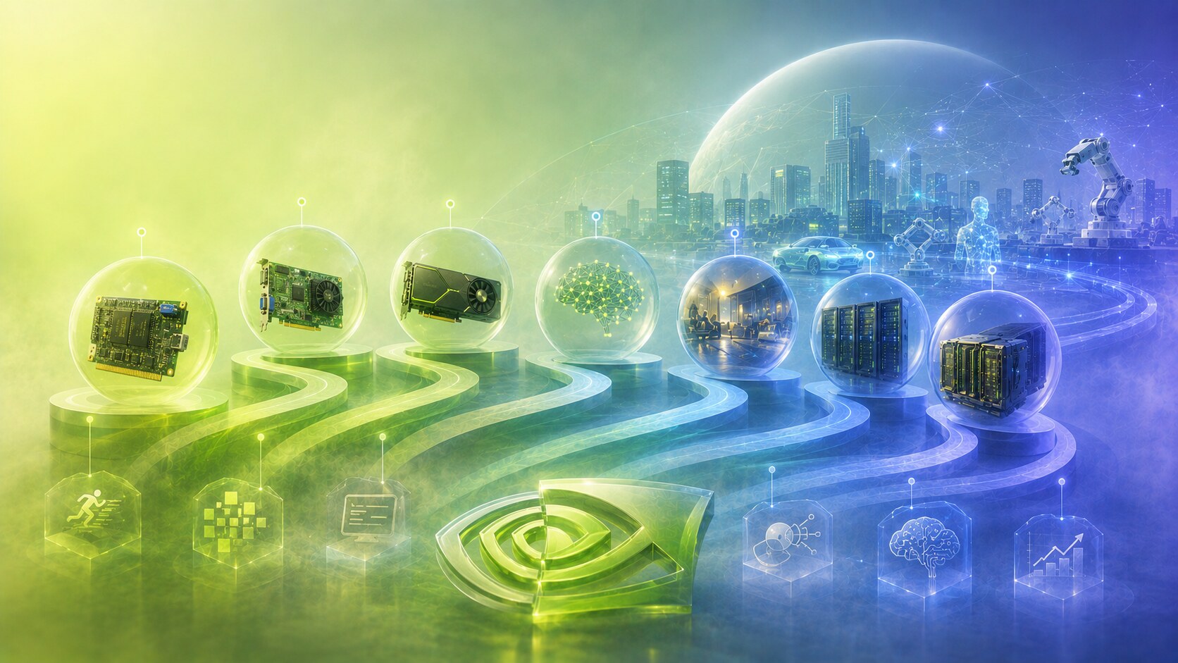 Timeline of NVIDIA branding from NV1 and GeForce to CUDA, RTX, AI data centers, Blackwell, and future accelerated computing.