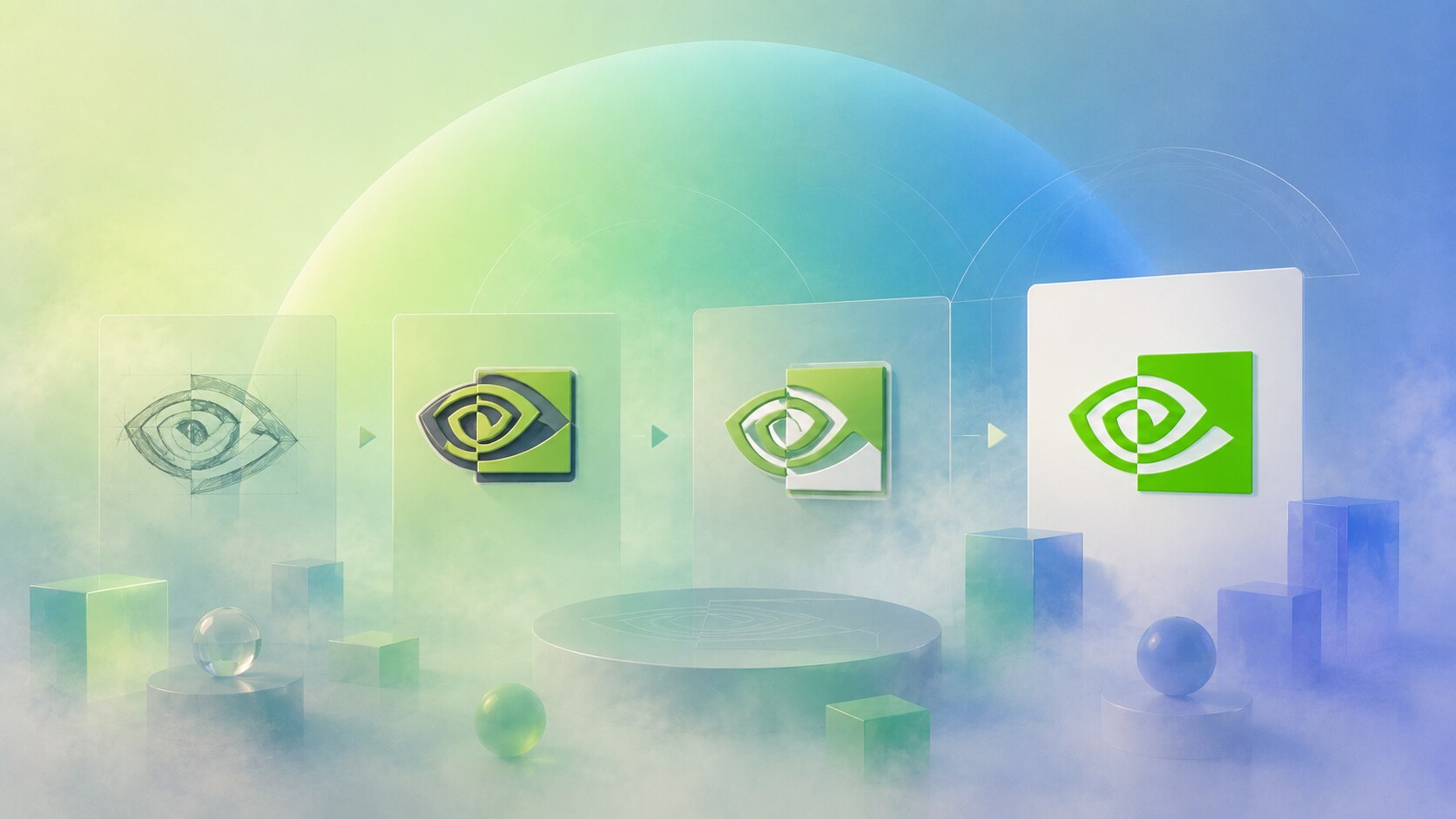 NVIDIA green eye logo evolution from early 1990s mark to cleaner modern green-and-white visual identity.