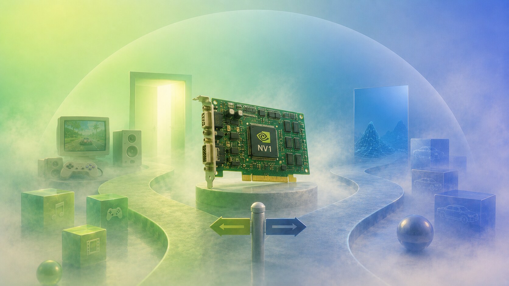 NVIDIA NV1 era with early 3D graphics cards, Sega relationship, ambitious multimedia features, and difficult market timing.