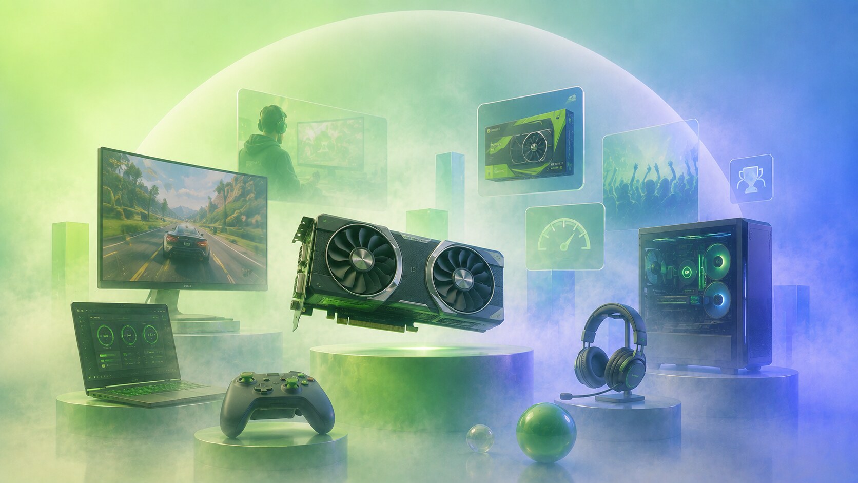 NVIDIA GeForce branding evolution with gaming graphics cards, green performance identity, and GPU culture.